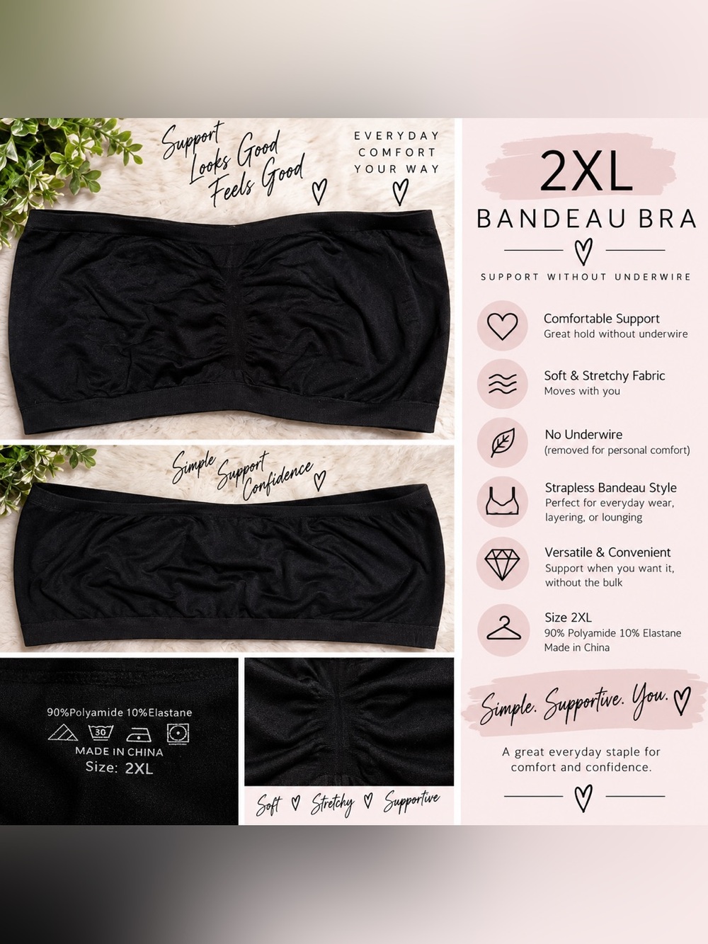 🖤 2XL Black Bandeau Bra Great Support Without the Underwire